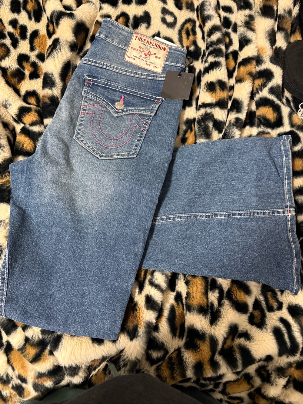 True Religion Women's Mid Blue Bootcut Jeans with Pink Stitching size 28